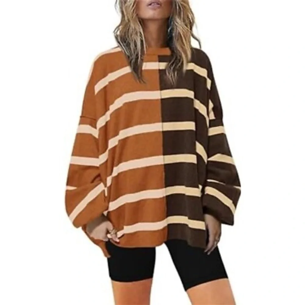 Free People Easy Street Colorblock Striped Oversized Sweater Brown Grey L